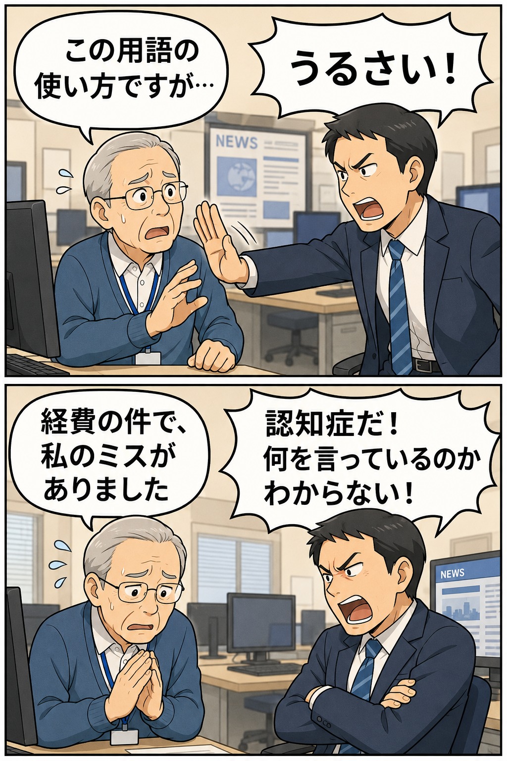 ニュースサイト業務をめぐり高齢社員が上司から手を払いのけられ、「認知症だ」などの暴言を受ける職場パワハラの漫画イメージ