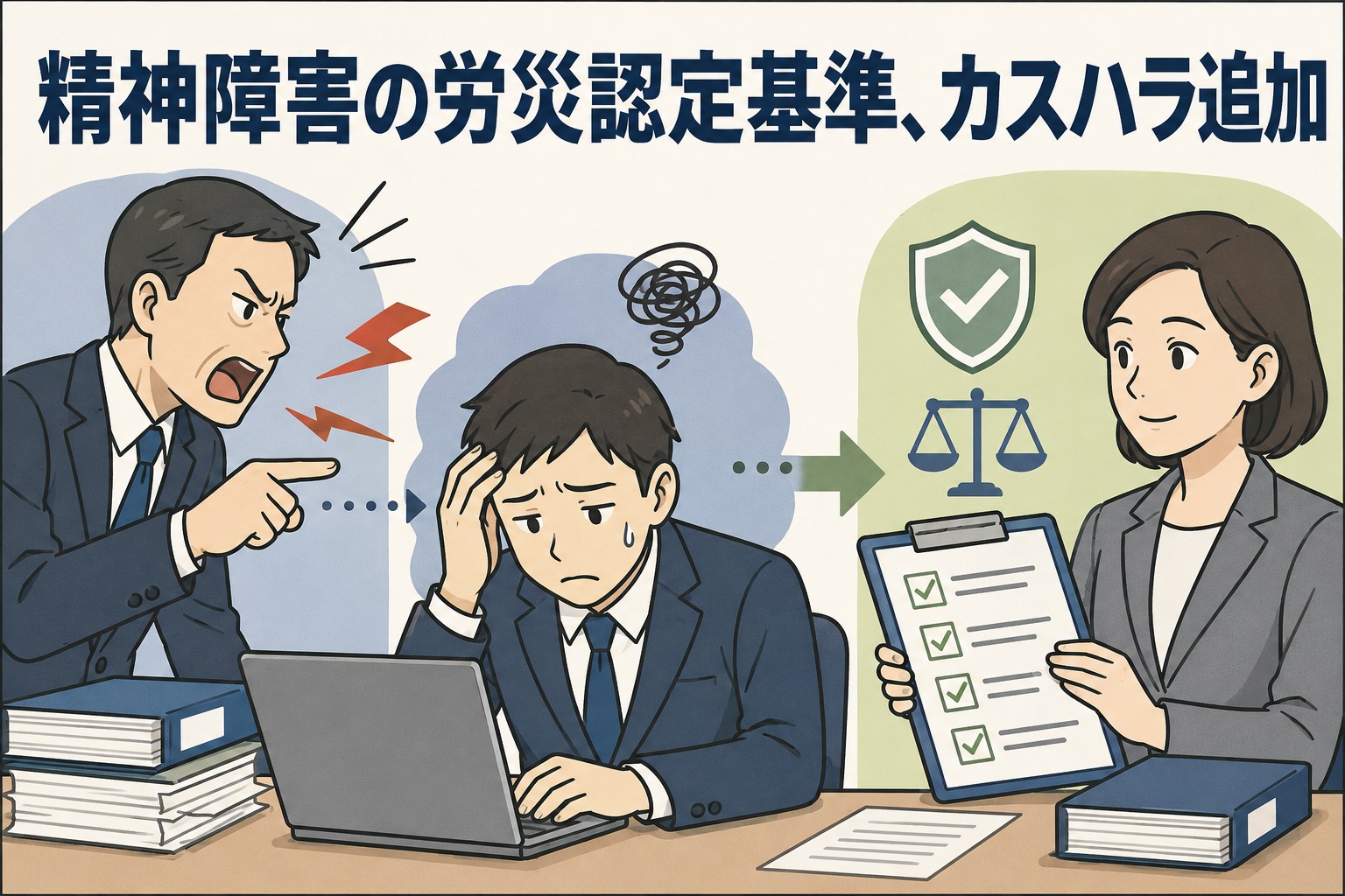 精神障害の労災認定基準改正により、カスタマーハラスメントや感染症リスク業務が心理的負荷評価に追加されたことを示すイラスト