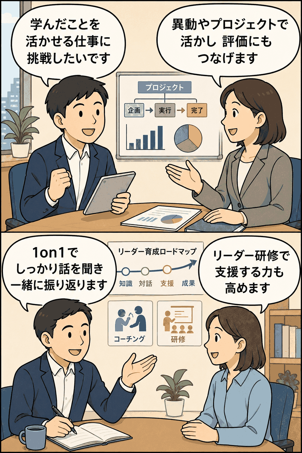学び・学び直しで身に付けたスキルを異動やプロジェクトで活用し、1on1やリーダー研修を通じて成長を支援する職場のイラスト