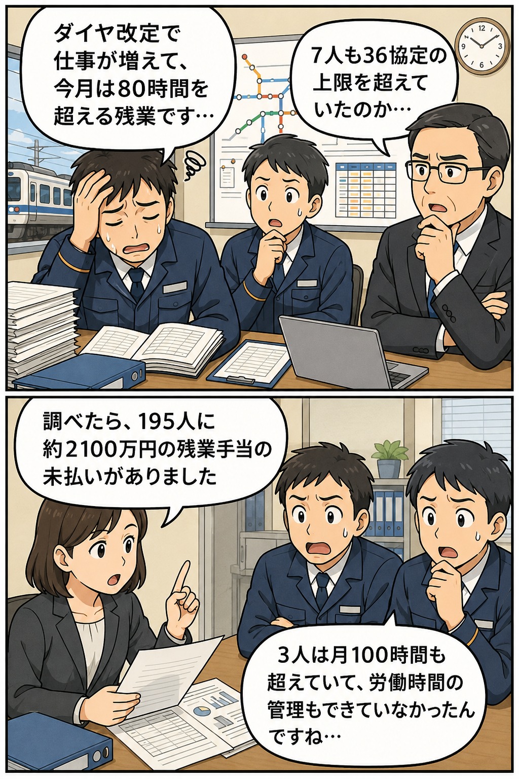 鉄道会社でダイヤ改定による業務増加を背景に、36協定超えの長時間残業や残業手当未払いが判明した事例を説明する漫画イラスト