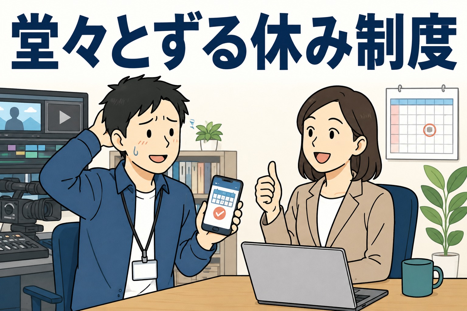 堂々とずる休み制度を紹介するイラスト。有給休暇を当日申請できるユニークな社内制度について、社員がスマホのカレンダーを見せながら相談している様子。