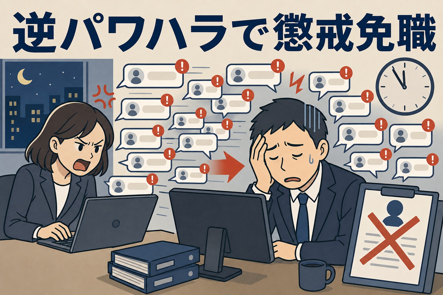 上司に誹謗中傷メッセージを送り続けた公務員が懲戒免職となった事例を表すイラスト