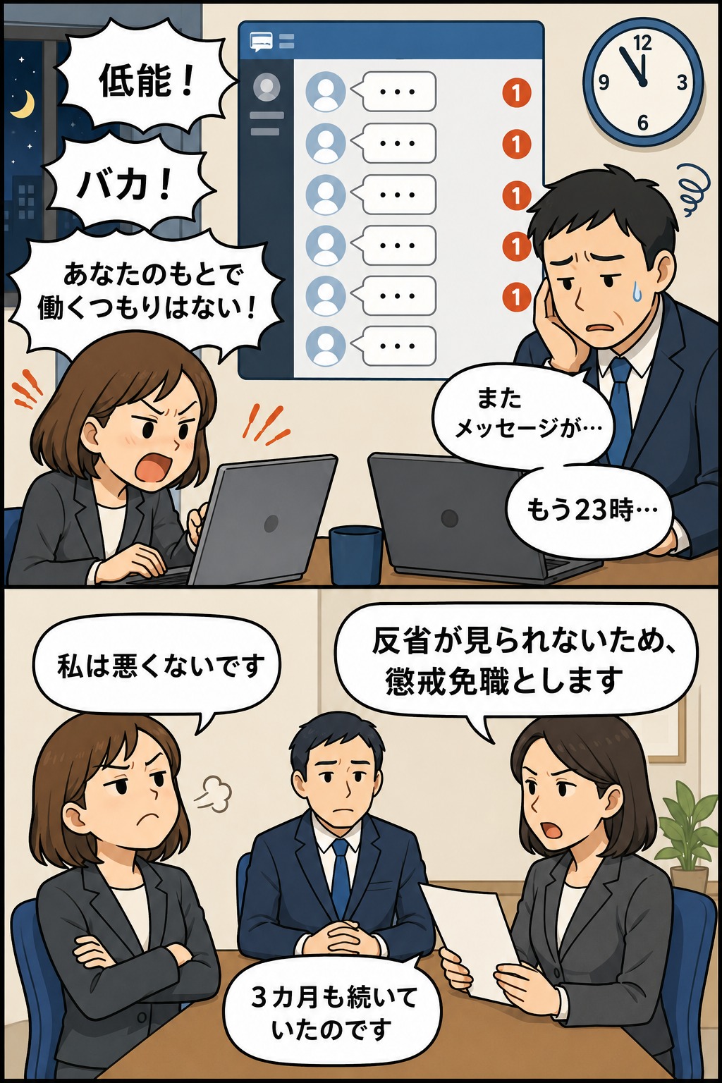 公用チャットで上司に誹謗中傷メッセージを送り続けた区職員が、反省なしとして懲戒免職となる事例を描いた漫画