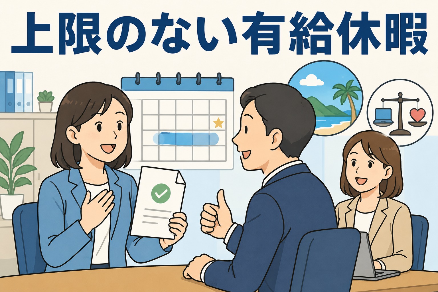 転職エージェント会社で上限のない有給休暇制度について説明を受ける社員と、ワークライフバランスを象徴するカレンダーや休暇のイラスト