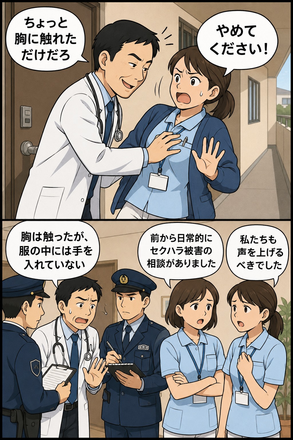 訪問診療先で男性医師が看護師の胸を触った疑いで逮捕され、複数の看護師がセクハラ被害を訴える漫画風イメージ