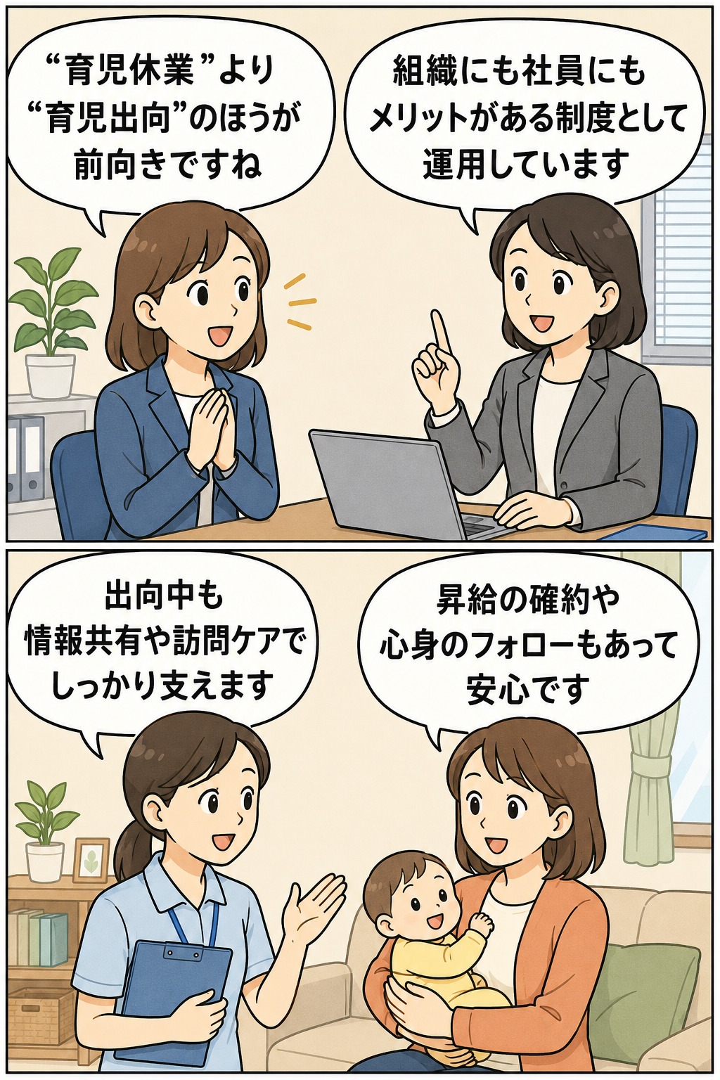 育児休業を「育児出向」と捉え直し、出向中の情報共有、訪問ケア、昇給確約、心身のフォローアップで社員を支える制度を説明する漫画イラスト。