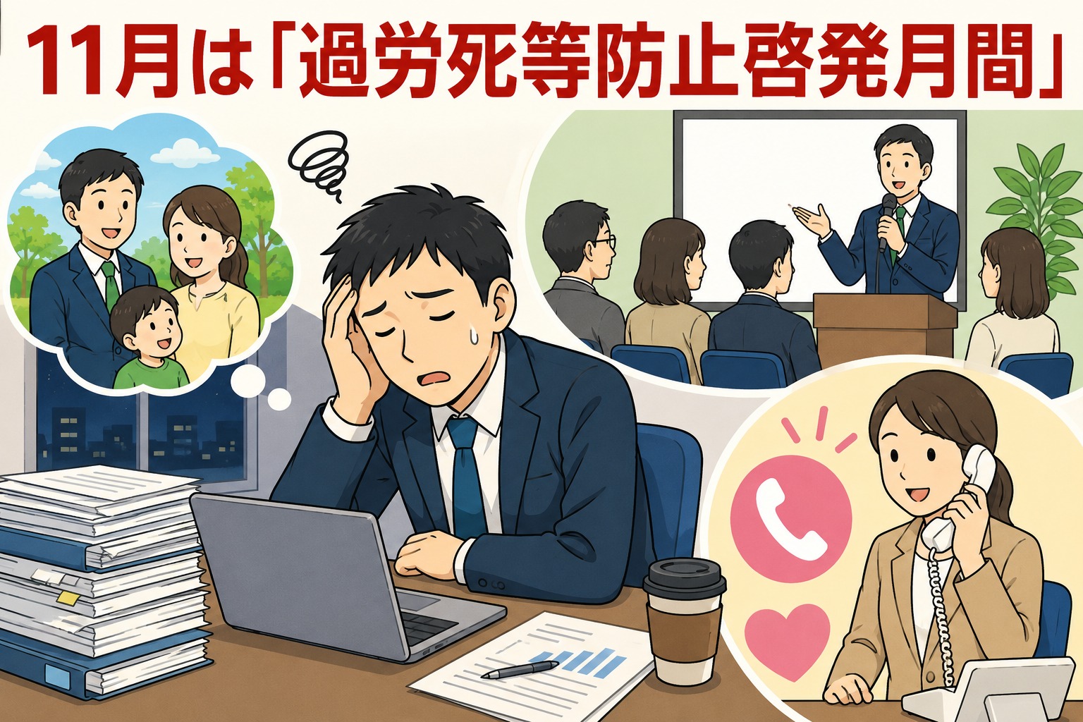 11月の過労死等防止啓発月間を知らせるイラスト。過重労働に悩む会社員、家族への思い、啓発シンポジウム、無料電話相談を表現。