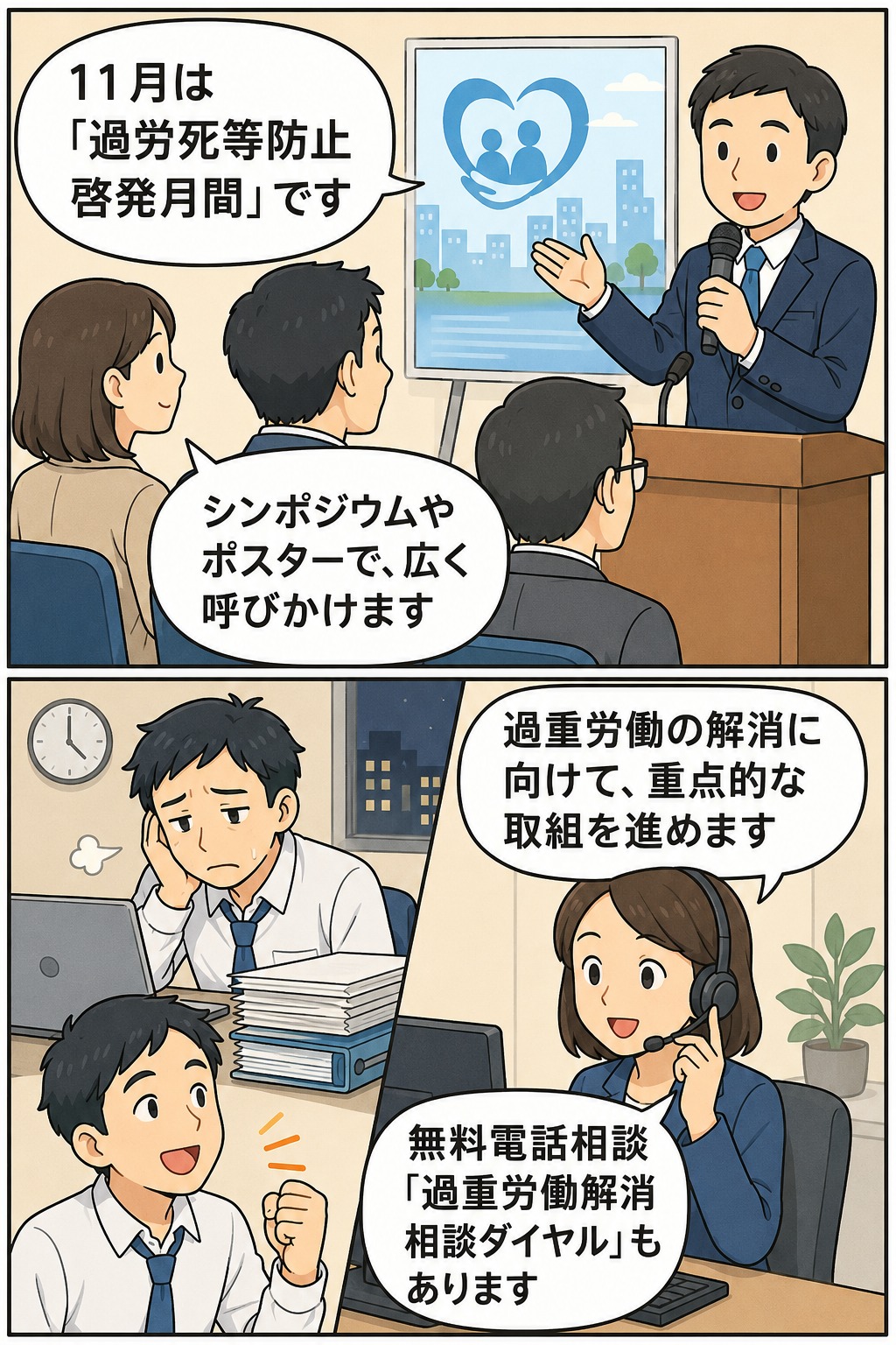 11月の過労死等防止啓発月間を説明する漫画風イラスト。シンポジウムやポスターによる啓発、過重労働解消キャンペーン、無料電話相談ダイヤルを紹介。