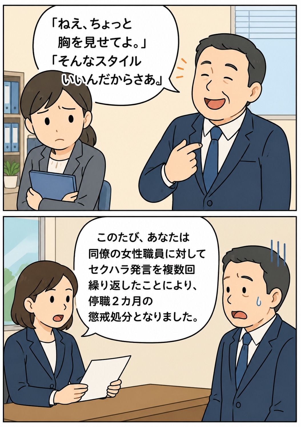 岐阜県立高校の男性教諭が同僚女性職員にセクハラ発言を繰り返し、停職2カ月の懲戒処分を受けたことを伝える漫画イラスト