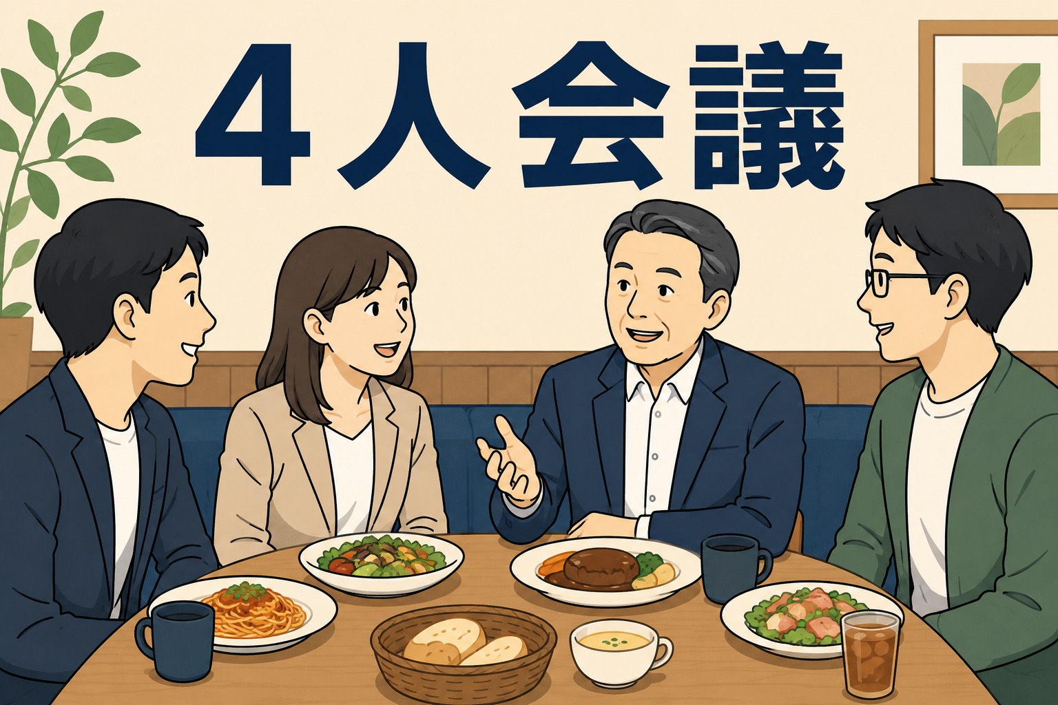 SNS運用支援会社で社員3人と社長が食事をしながら会社・仕事・プライベートについて語り合う4人会議制度のイメージ