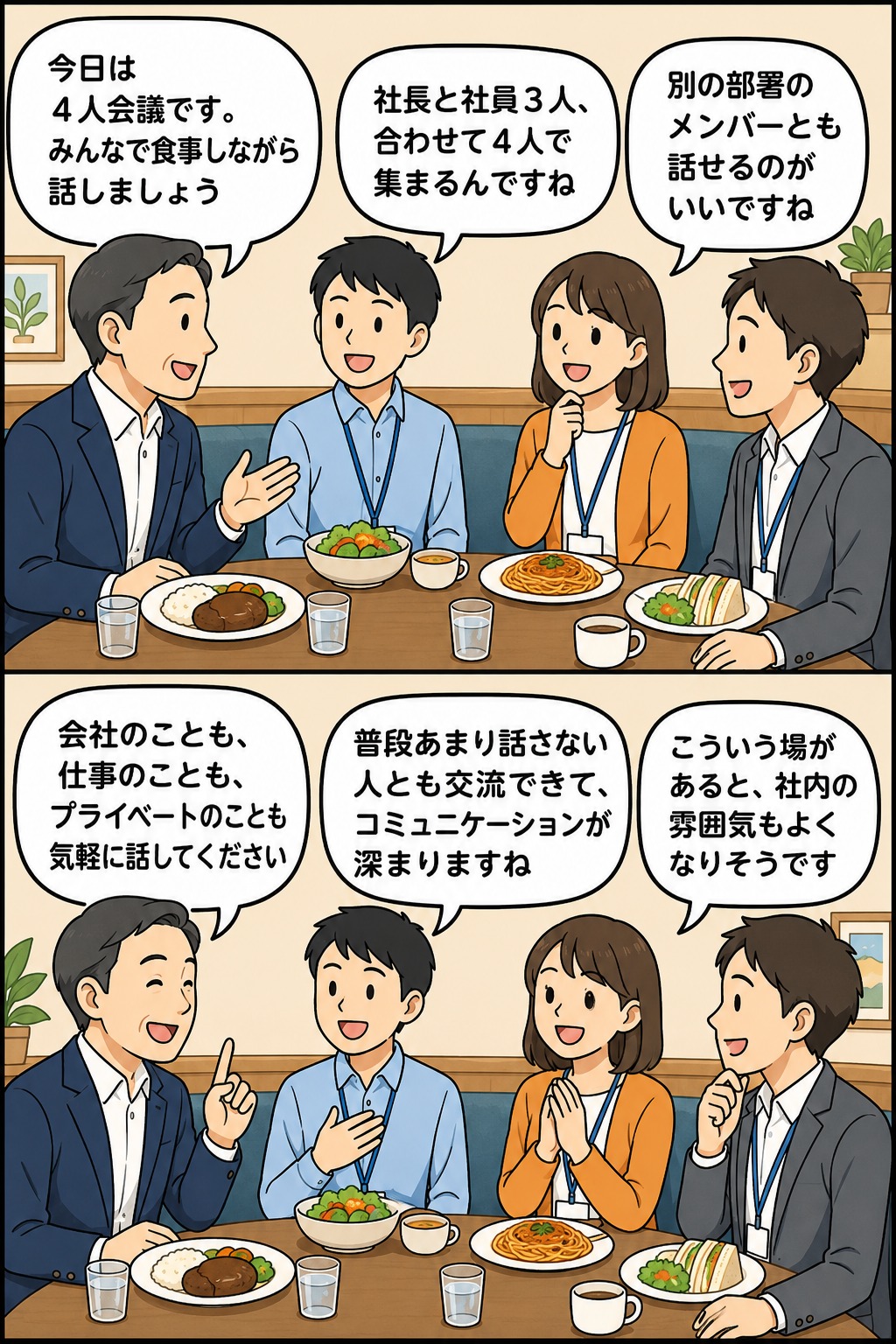 SNS運用支援会社で社長と社員3人が食事をしながら会社・仕事・プライベートについて話す4人会議制度の漫画イラスト