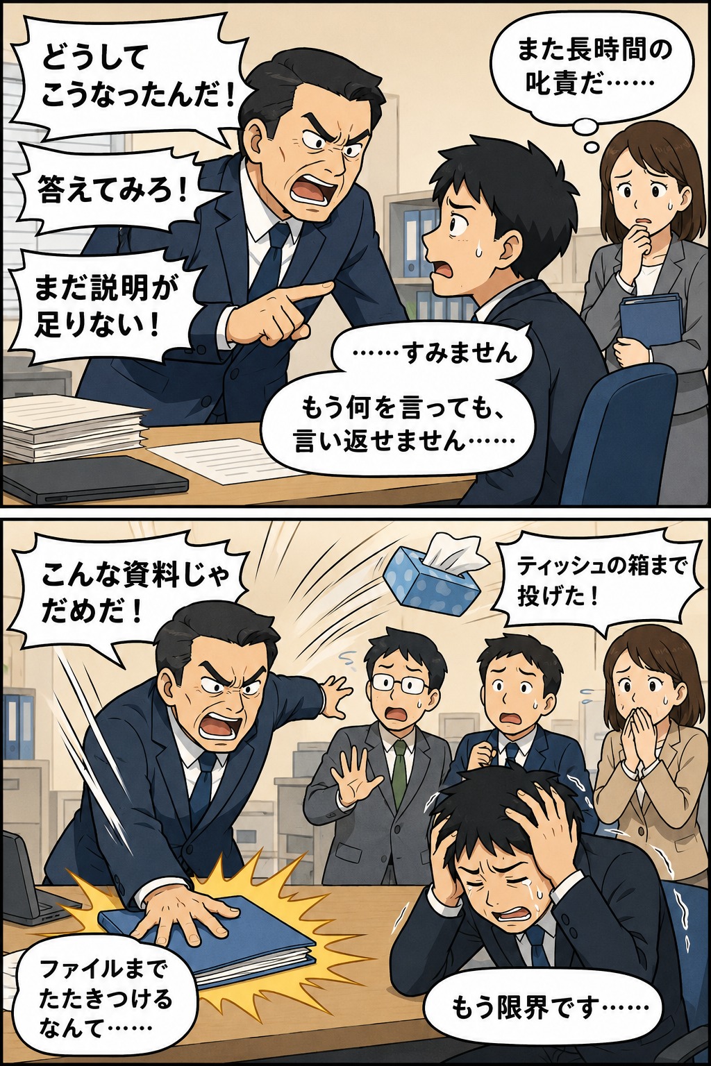 熊本県の係長級男性職員による長時間の叱責や威圧的な言動、ファイルを机にたたきつける行為などのパワハラ問題を描いた漫画風イラスト