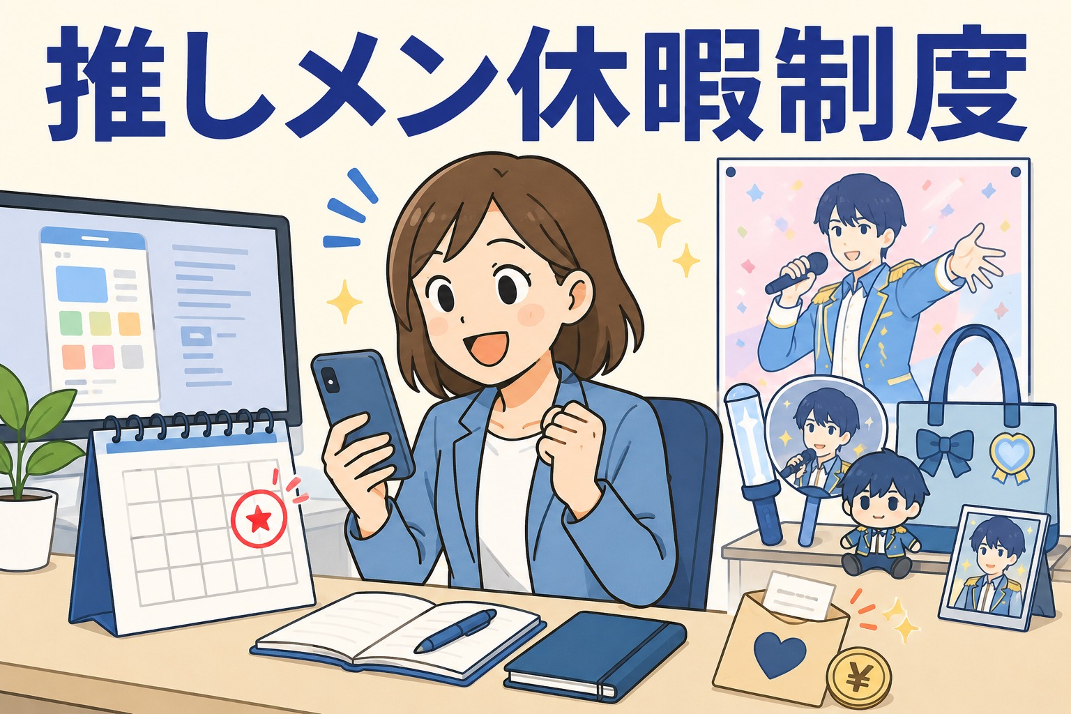 推しメン休暇制度を利用する女性社員と、推し活グッズやカレンダーが描かれたイラスト