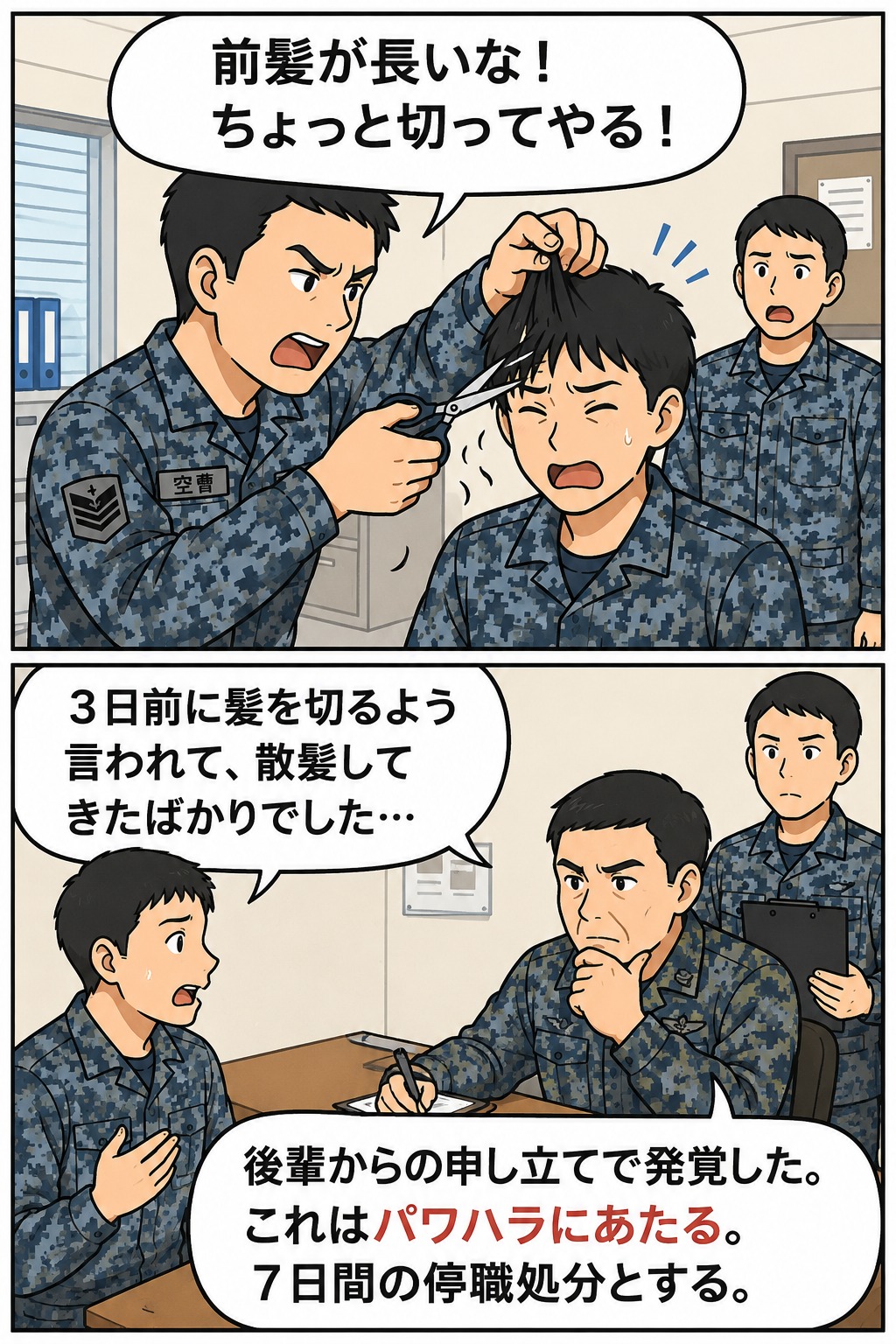 航空自衛隊の男性空曹が後輩隊員の前髪をハサミで切ったパワハラ問題を描いた解説イラスト