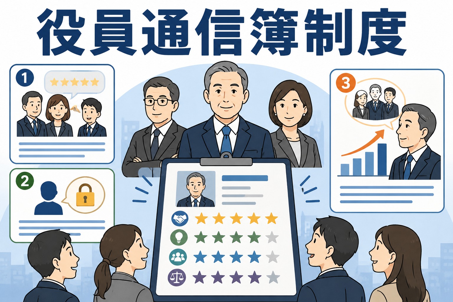 役員通信簿制度により、社員が匿名で社長や役員を評価し、経営改善に活かす仕組みを解説するイラスト