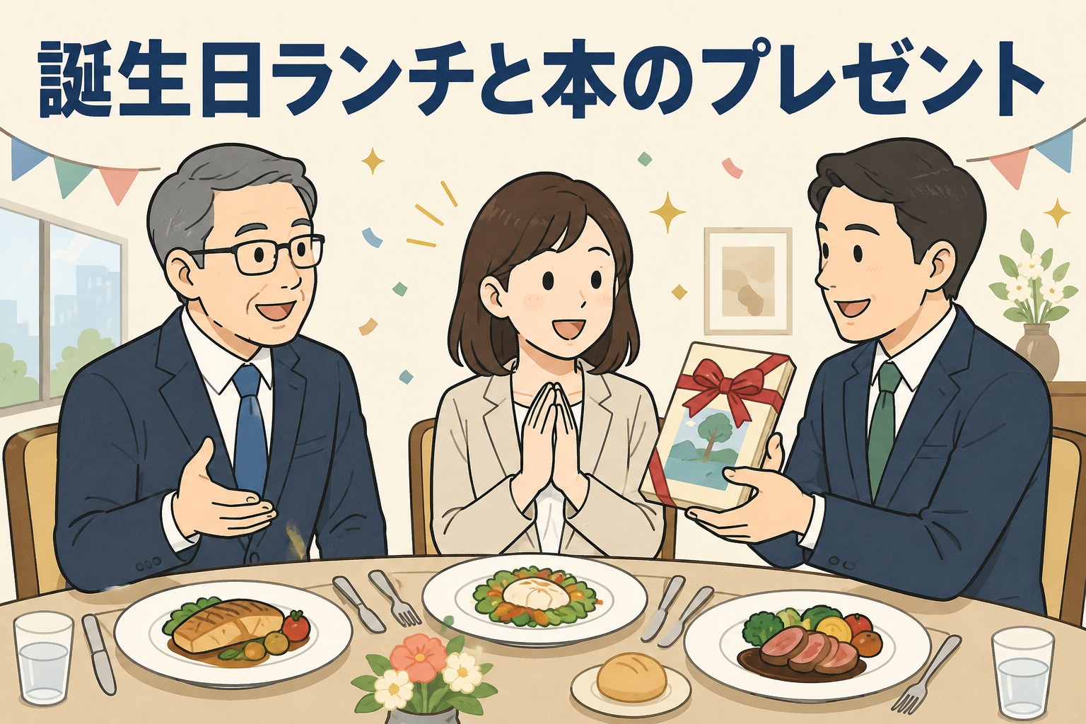 教育事業会社の福利厚生「GOラン！」で誕生月社員を豪華ランチに招待し、「レコメン堂」でおすすめ本をプレゼントする様子