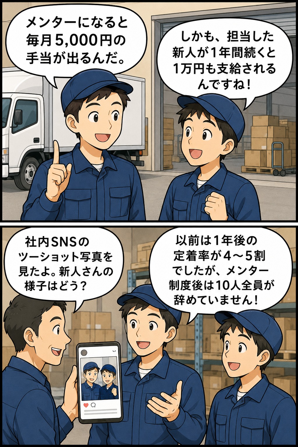 食品・日用品のトラック輸送会社で、メンター手当と社内SNSを活用して新人の定着率向上につなげた事例を説明する漫画