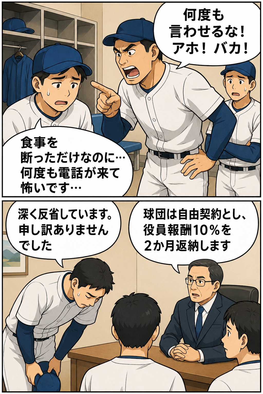 楽天イーグルスの投手による後輩選手へのパワハラ問題と自由契約、球団役員報酬返納を描いた漫画風アイキャッチ画像