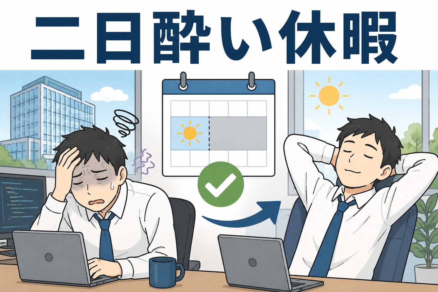 二日酔い休暇制度を示すイラスト。疲れた会社員と休暇取得後にリラックスする会社員、午前休を表すカレンダーが描かれている