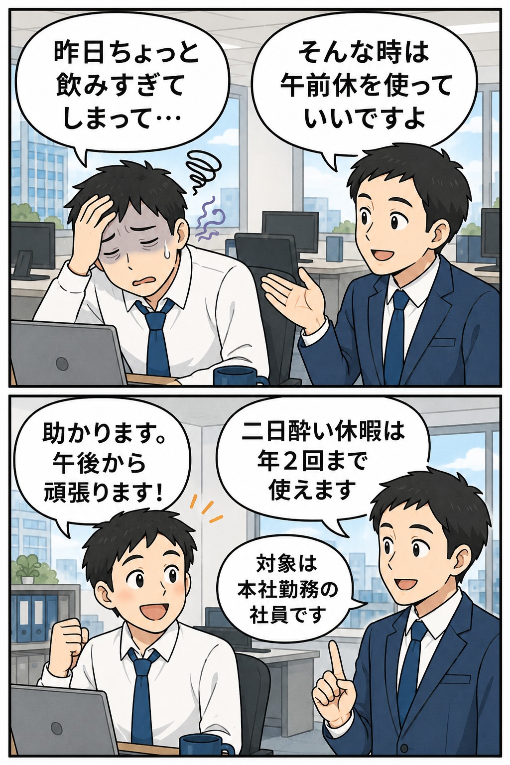二日酔いの社員が上司に午前休の取得を相談し、年2回まで使える二日酔い休暇制度と本社勤務社員が対象であることを説明する漫画イラスト