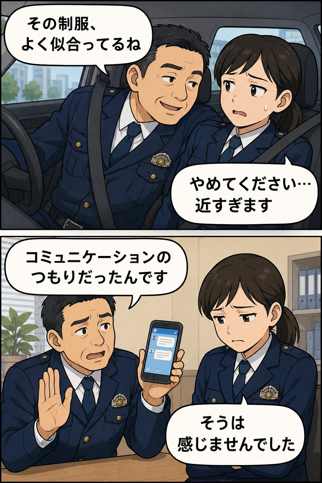 長崎県警の男性警部補が公用車内で女性部下に近づき、容姿を褒める発言やメッセージ送信をめぐり処分されたセクハラ事案の漫画