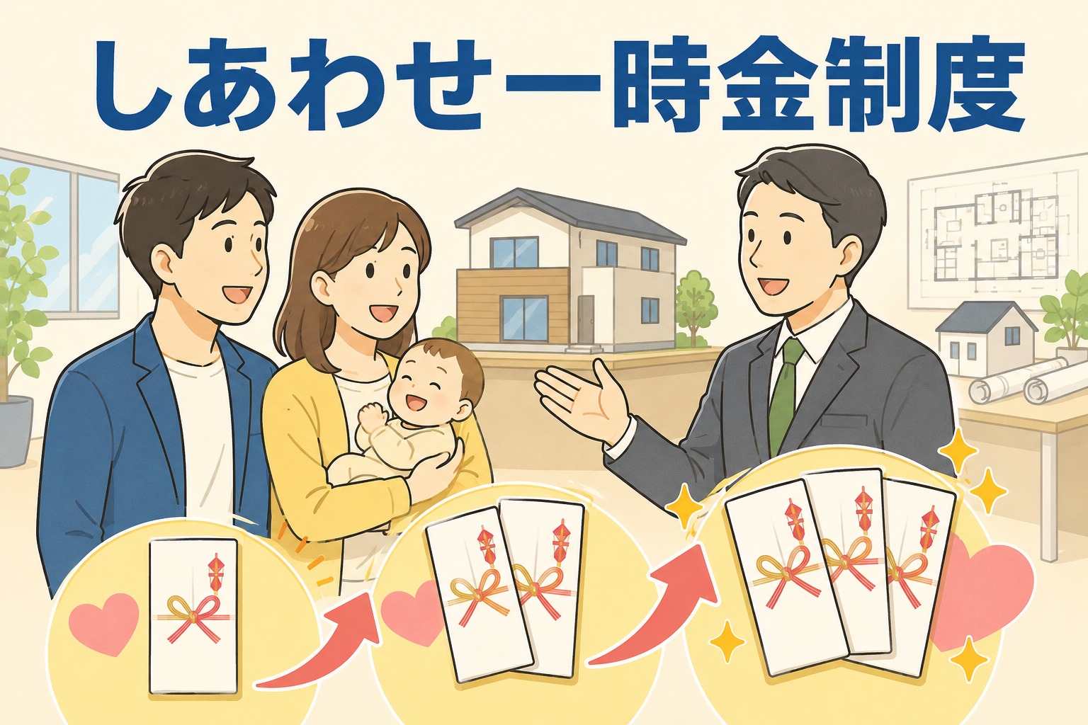 しあわせ一時金制度で出産祝い金を受け取る子育て世帯と住宅メーカー担当者のイラスト