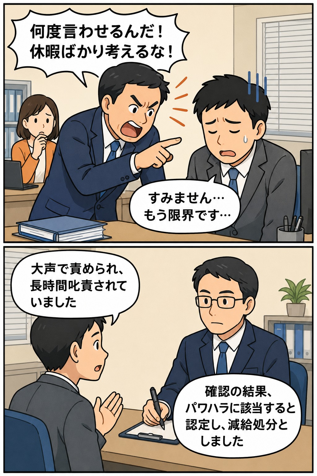 埼玉県の町で課長級職員による大声での非難や長時間叱責がパワハラ認定され減給処分となった事例を描いた漫画