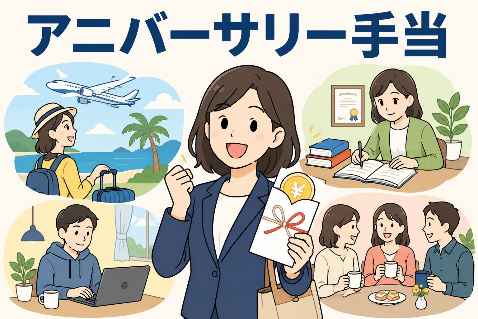 アニバーサリー手当制度を活用して旅行・資格勉強・副業・交流を楽しむ社員のイラスト