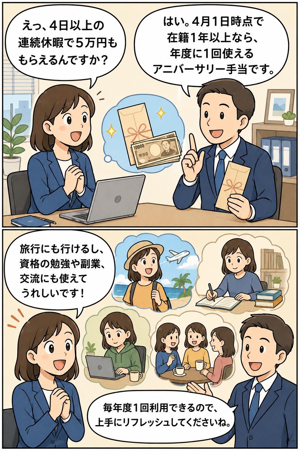 アニバーサリー手当制度について、連続4日以上の有給休暇取得で5万円が支給される条件や活用例を説明する漫画イラスト