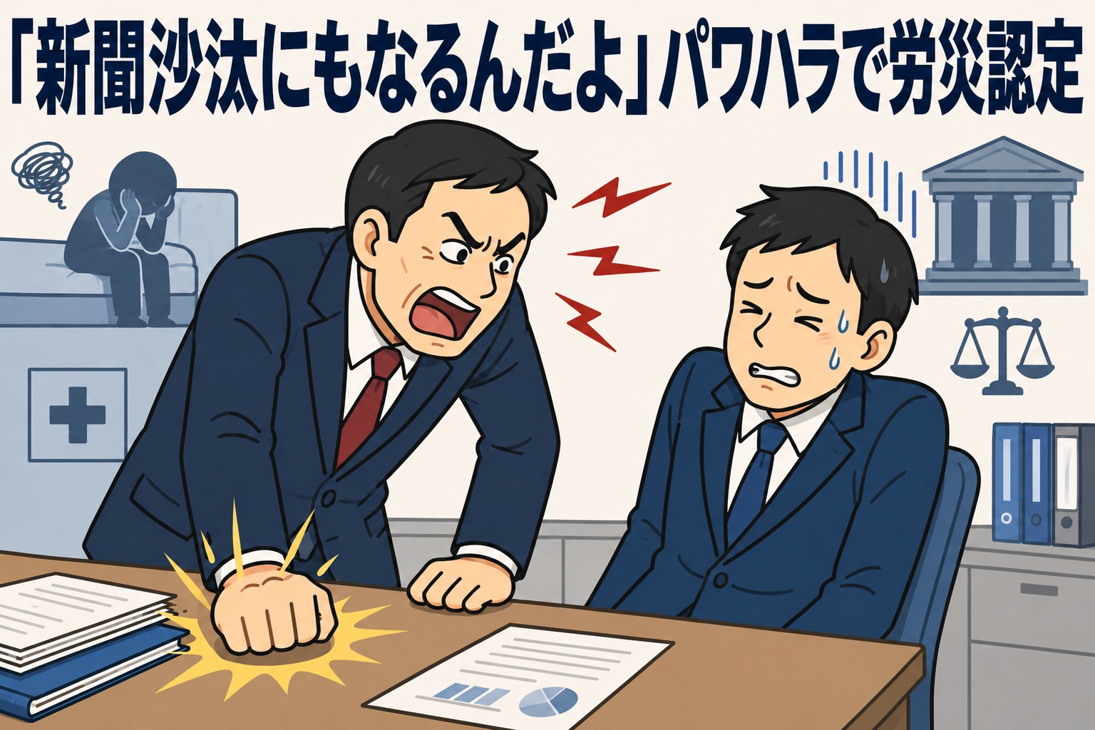 日本年金機構の元職員が上司のパワハラで適応障害を発症し、労災認定された問題を表すイラスト