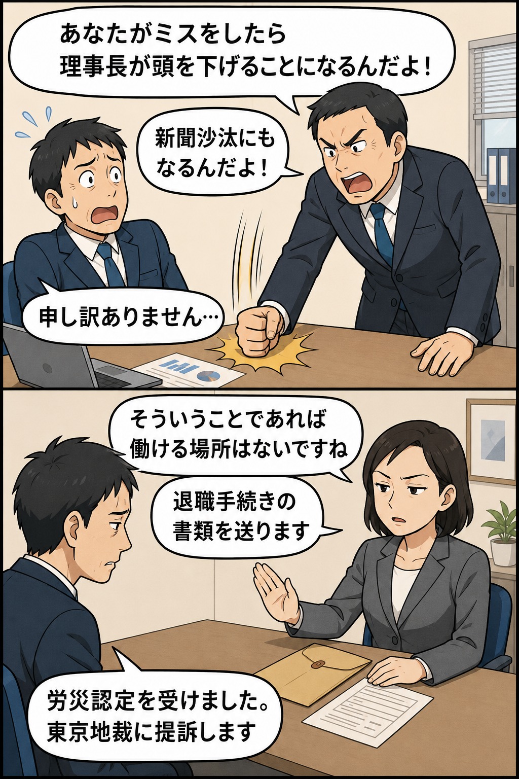 日本年金機構の30代元職員が上司のパワハラや退職強要を受け、労災認定後に東京地裁へ提訴した経緯を描いた漫画