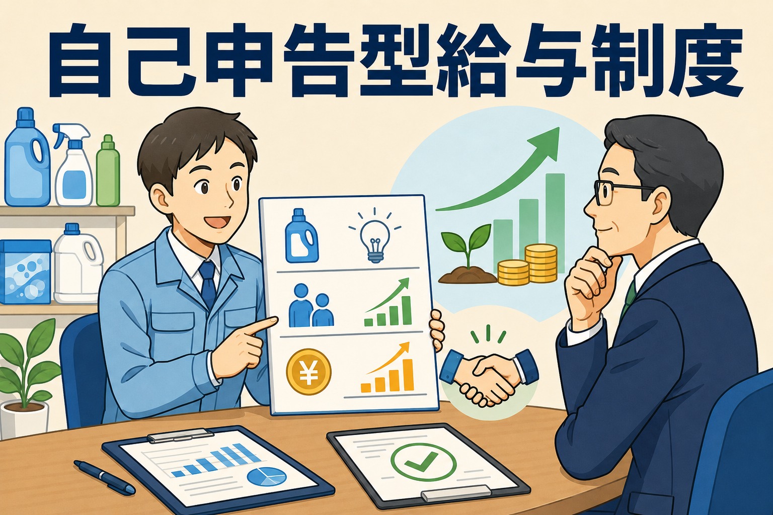 自己申告型給与制度について、家庭用洗剤・洗浄剤メーカーの社員が提案資料を使い、会社と給与や提供価値を交渉しているイラスト