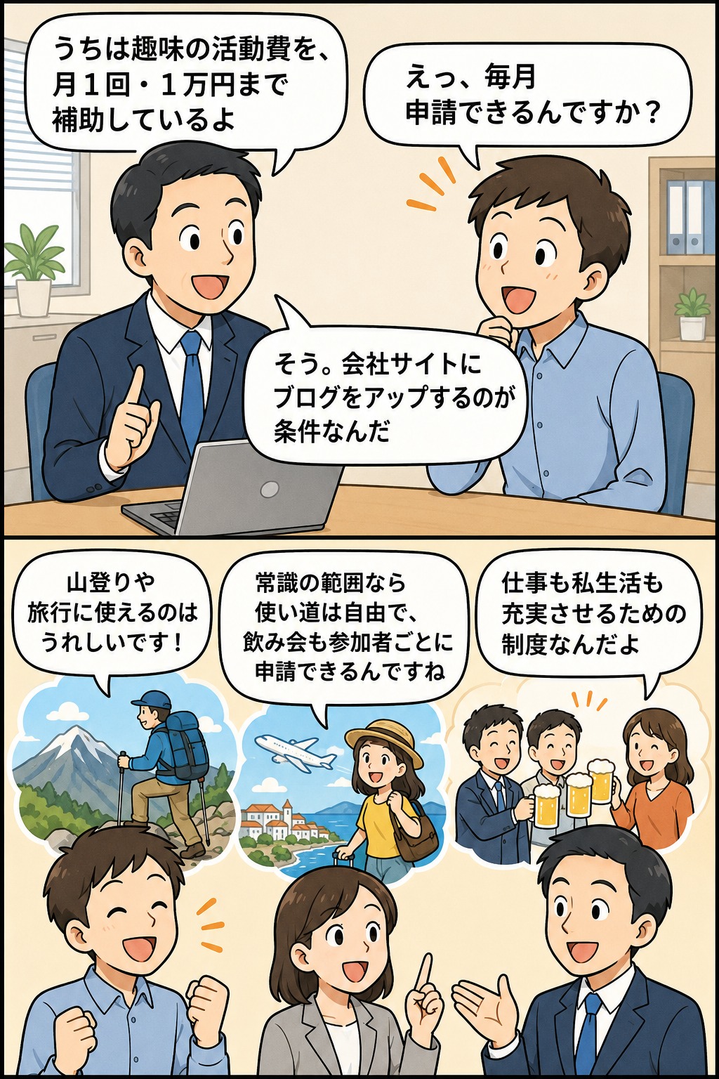 趣味活動費を月1回・1万円まで補助する制度について、社員がブログ投稿を条件に毎月申請できることを会話形式で説明する漫画イラスト