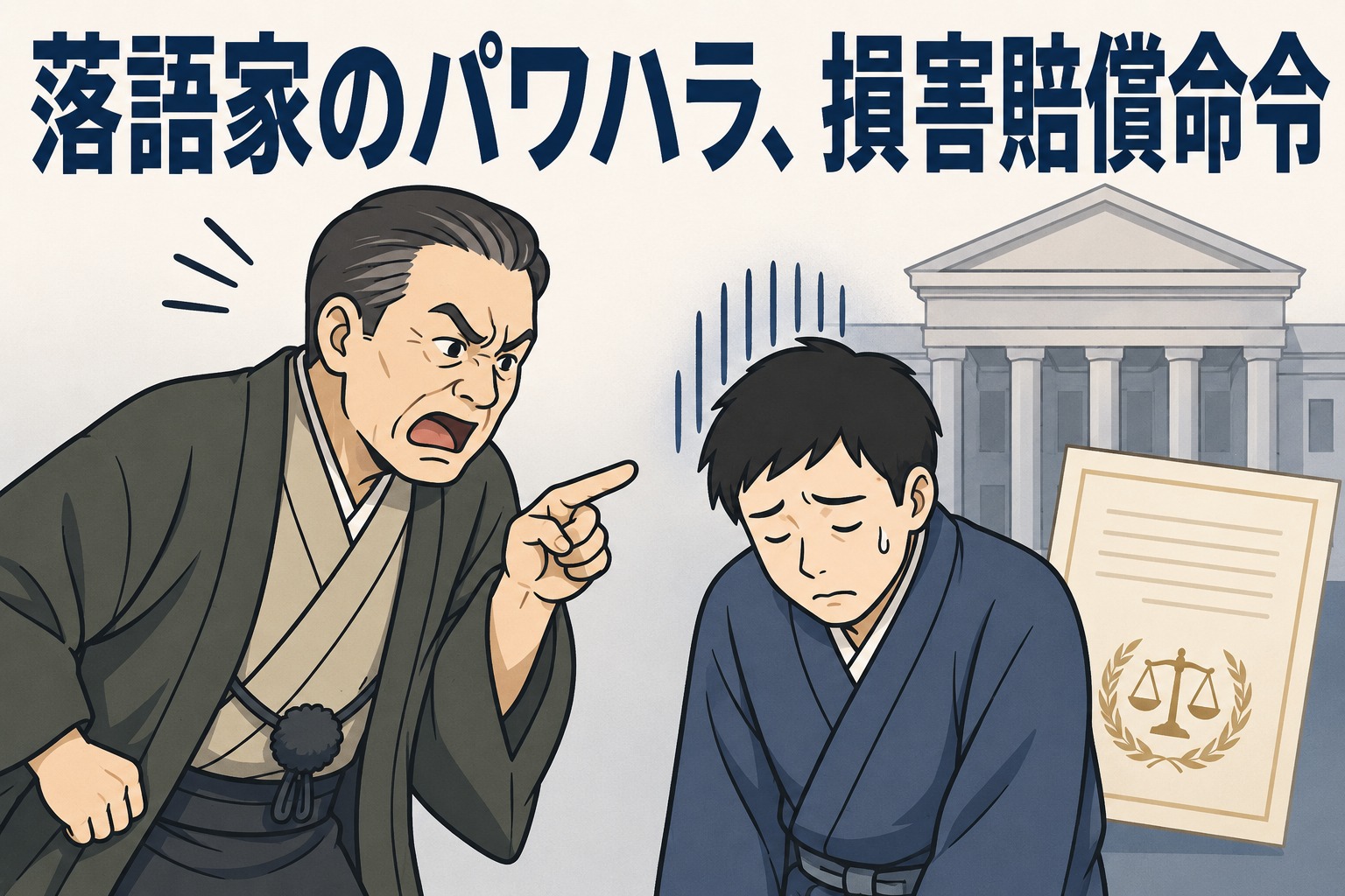 落語家が元師匠からのパワハラ被害を訴え、東京地裁が損害賠償80万円の支払いを命じた判決を表すイラスト