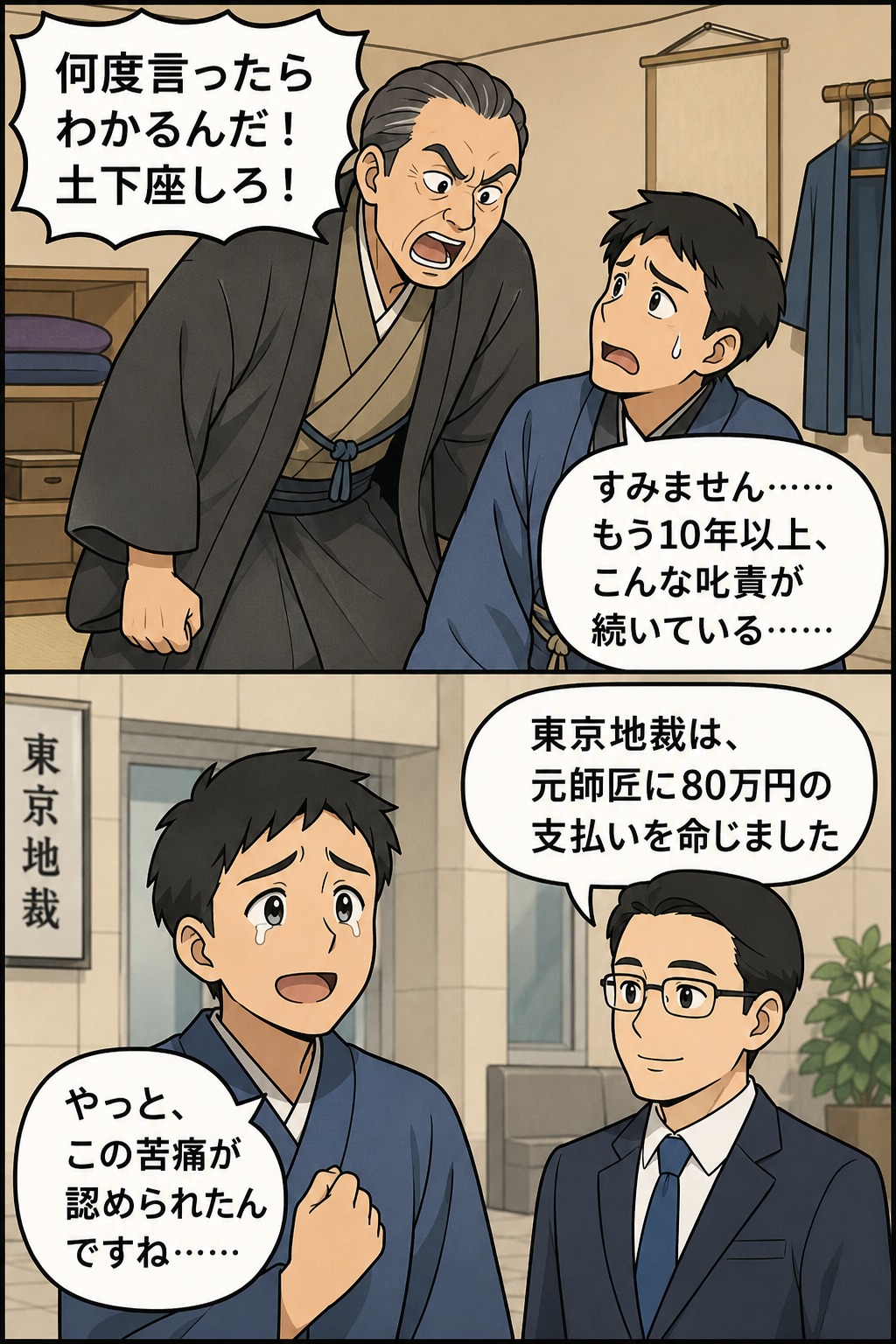 落語家が元師匠から10年以上にわたるパワハラを受け、東京地裁が80万円の損害賠償を命じた判決を描いた漫画