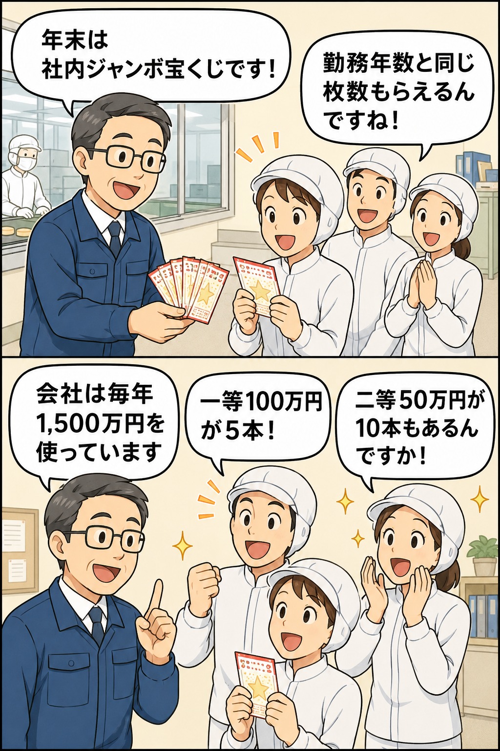 食品製造会社で年末に勤務年数分の社内ジャンボ宝くじを受け取る社員たち