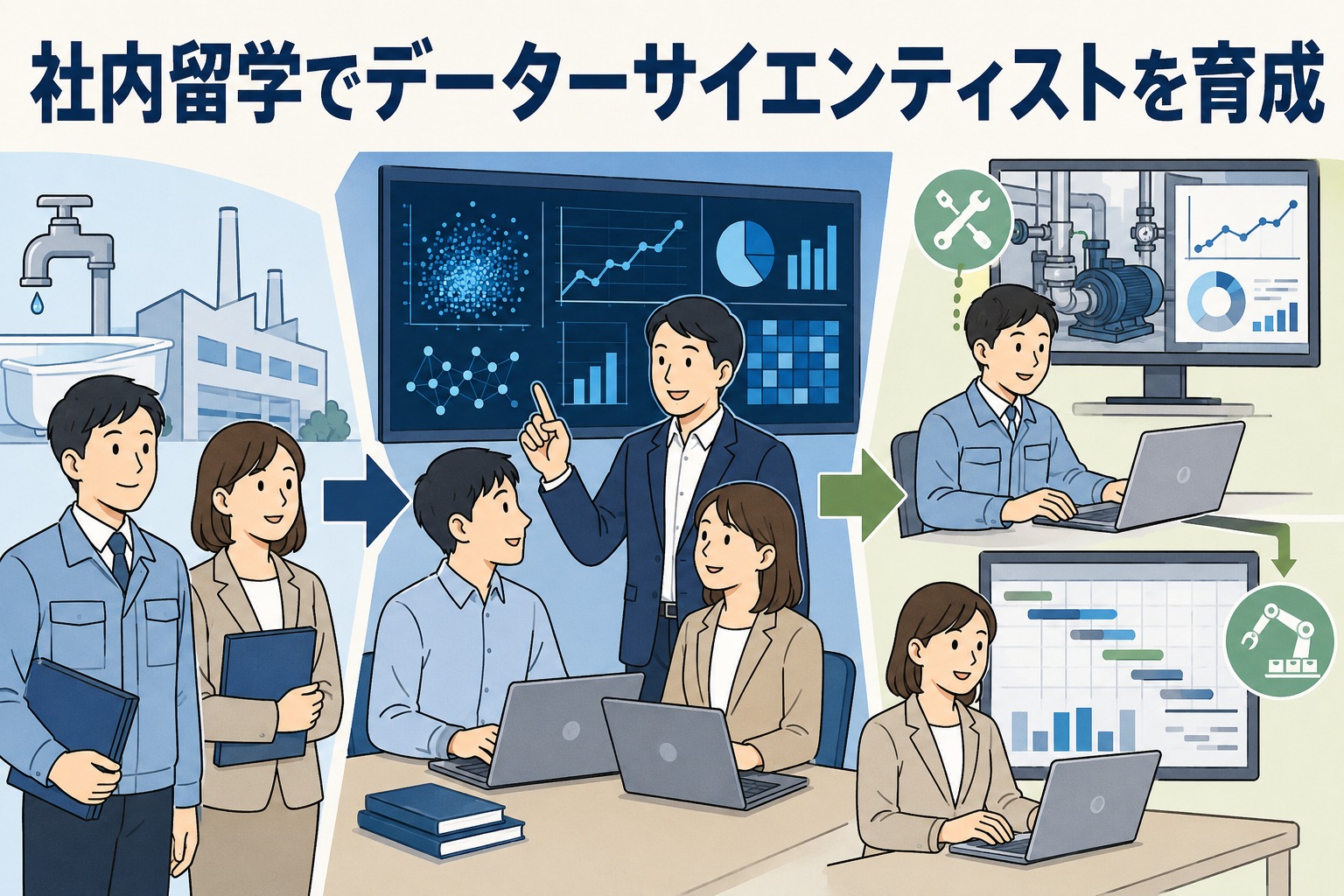 水まわり住宅総合機器メーカーが社内留学制度でデータサイエンティストを育成し、製造設備の予知保全や計画業務自動化などのデータ革新を推進するイメージ
