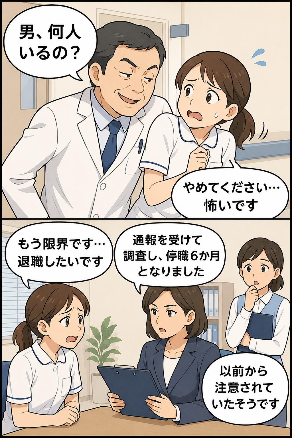 千葉県立病院の男性医師が女性看護師にセクハラ発言を行い、通報後の調査で停職6か月の懲戒処分となった経緯を描いた漫画風イラスト