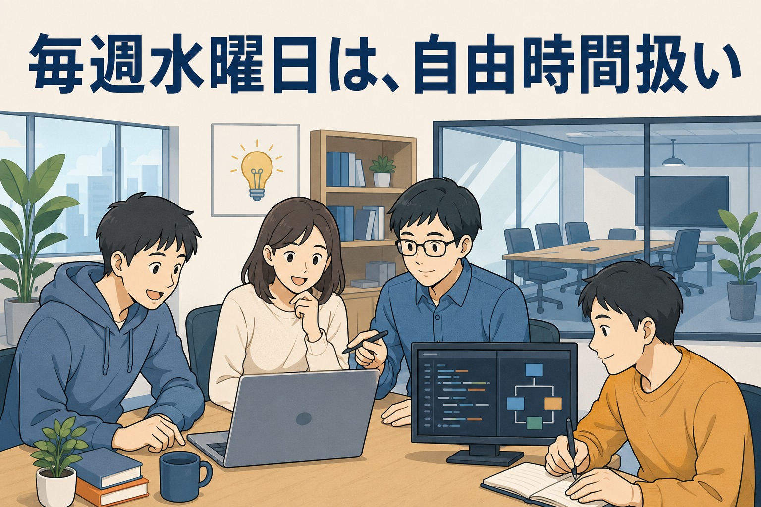 毎週水曜日を自由時間扱いにするIT企業で、社員が自己研鑽や自主勉強会に取り組む様子