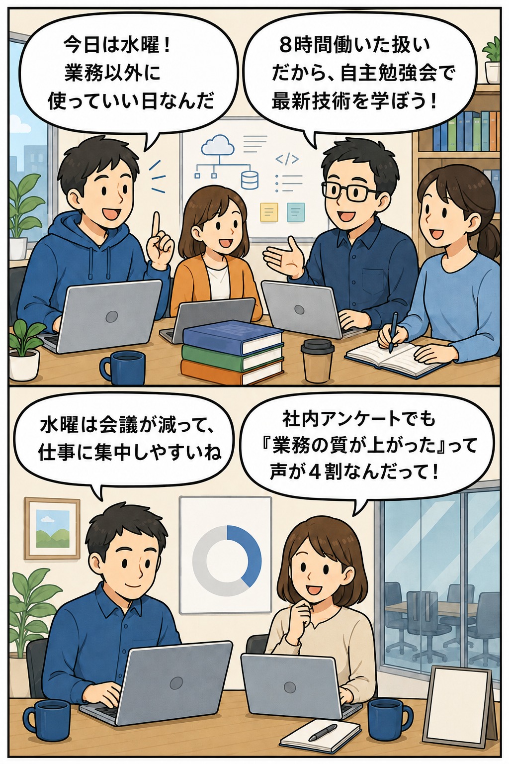 毎週水曜日を自由時間扱いにするIT企業で、社員が自主勉強会や自己研鑽に取り組み、会議削減や業務の質向上について話す漫画イラスト