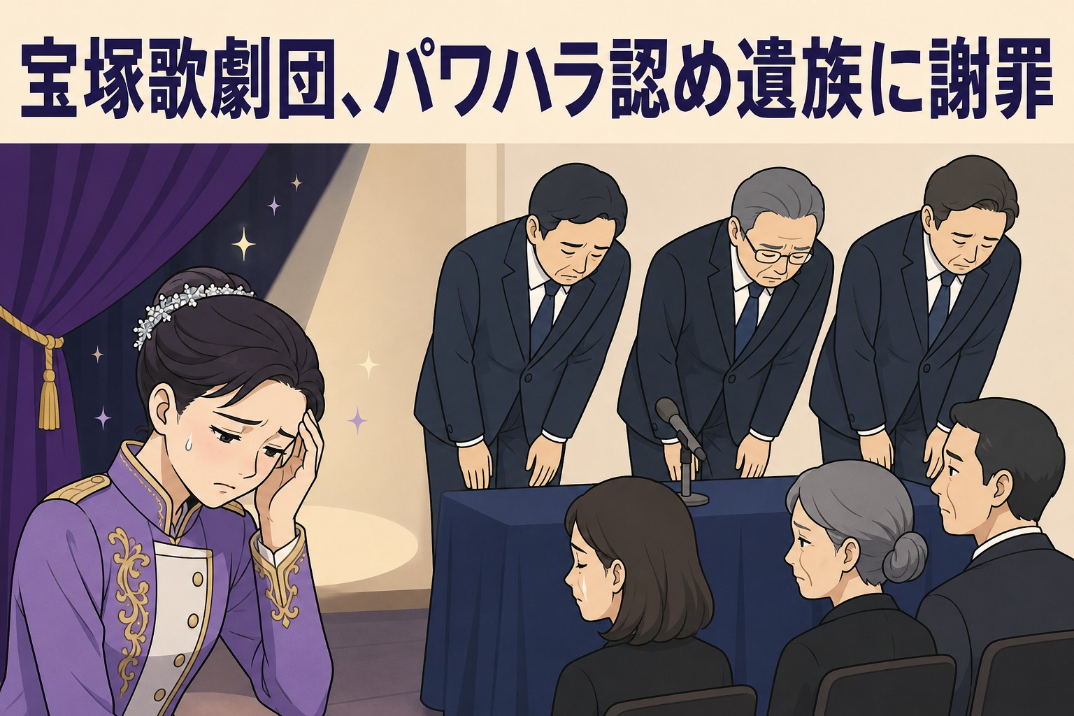 宝塚歌劇団が劇団員遺族にパワハラを認め謝罪する様子を描いたイメージ画像