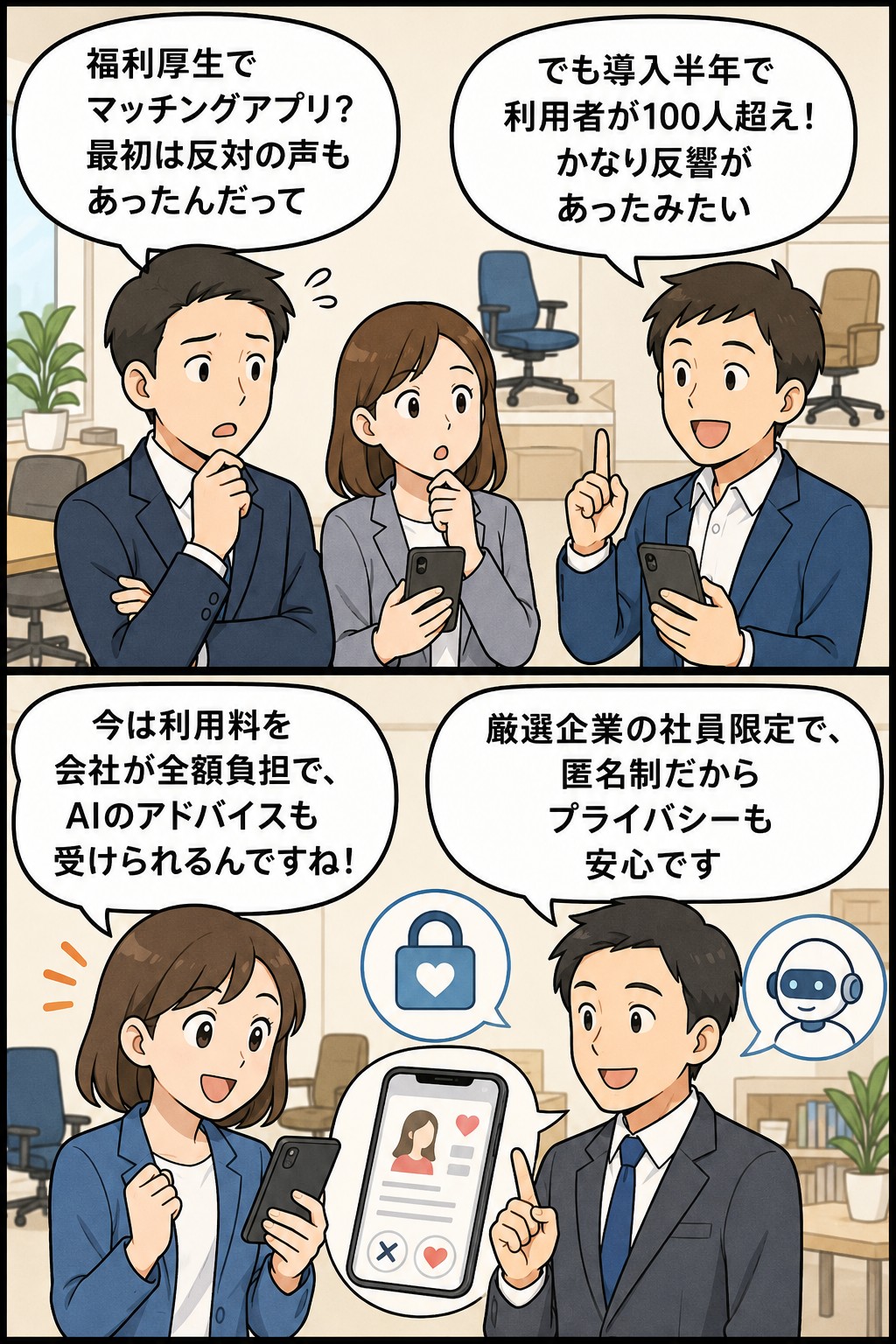 福利厚生として導入された婚活用マッチングアプリについて、導入当初の反対意見や半年で利用者100人超、会社の全額負担、AIアドバイス、匿名制によるプライバシー保護を説明する漫画風イラスト