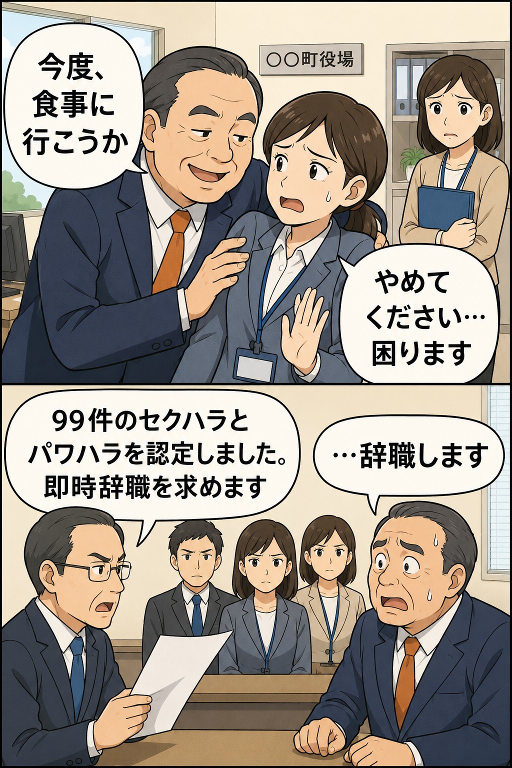 町役場で町長が女性職員を食事に誘い身体接触する様子と、第三者調査委員会が99件のセクハラ・パワハラを認定し辞職を求める場面を描いた漫画風イメージ