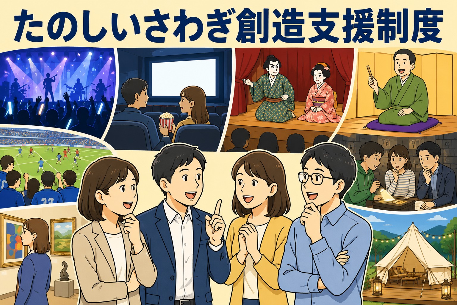 たのしいさわぎ創造支援制度として、音楽ライブ、映画、演劇、落語、スポーツ観戦、展覧会、リアル脱出ゲーム、グランピングなどの体験費用を支援する福利厚生制度のイメージ