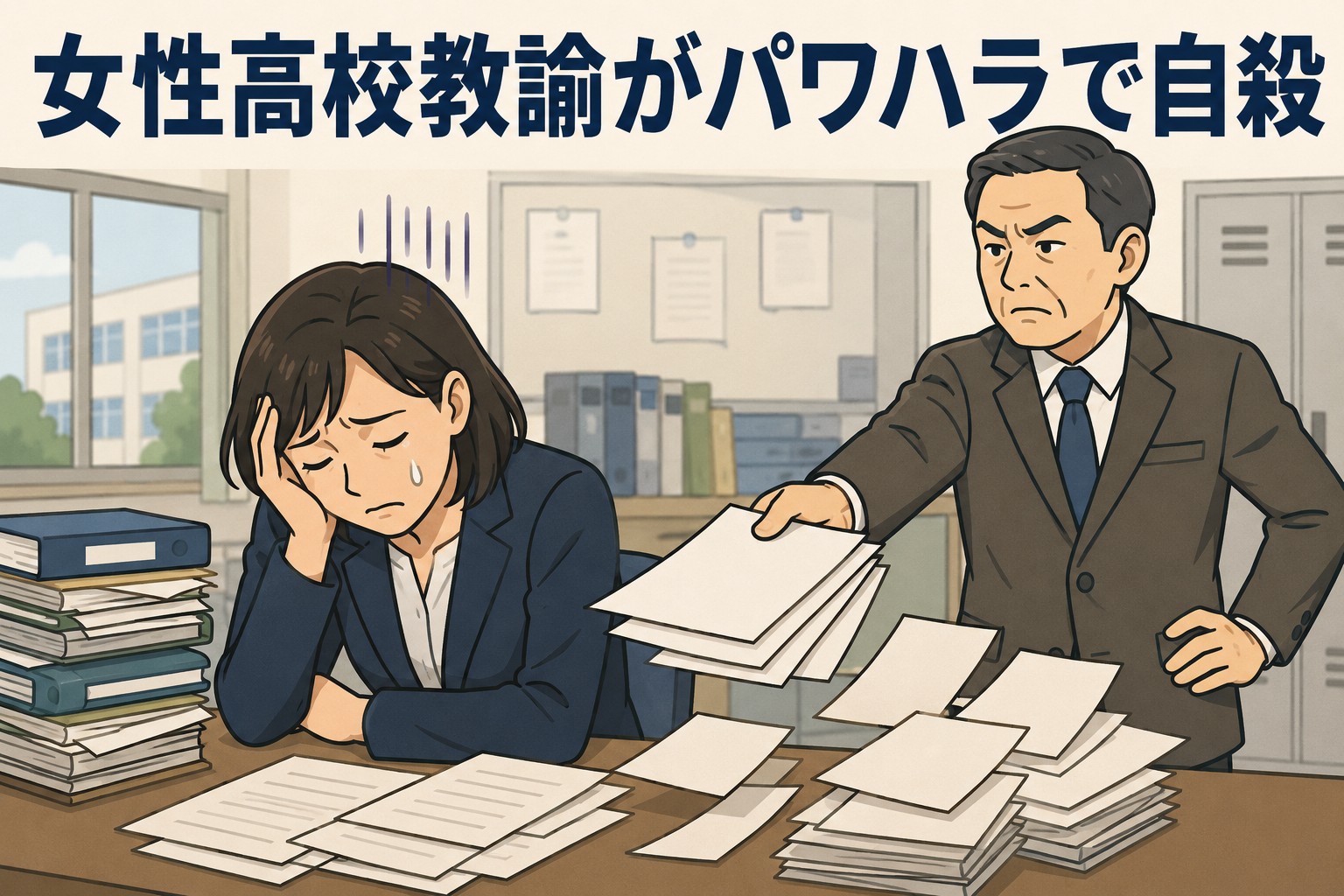 宮城県の県立高校で女性教諭が男性主任教諭からパワハラを受け苦しむ様子を描いたイラスト