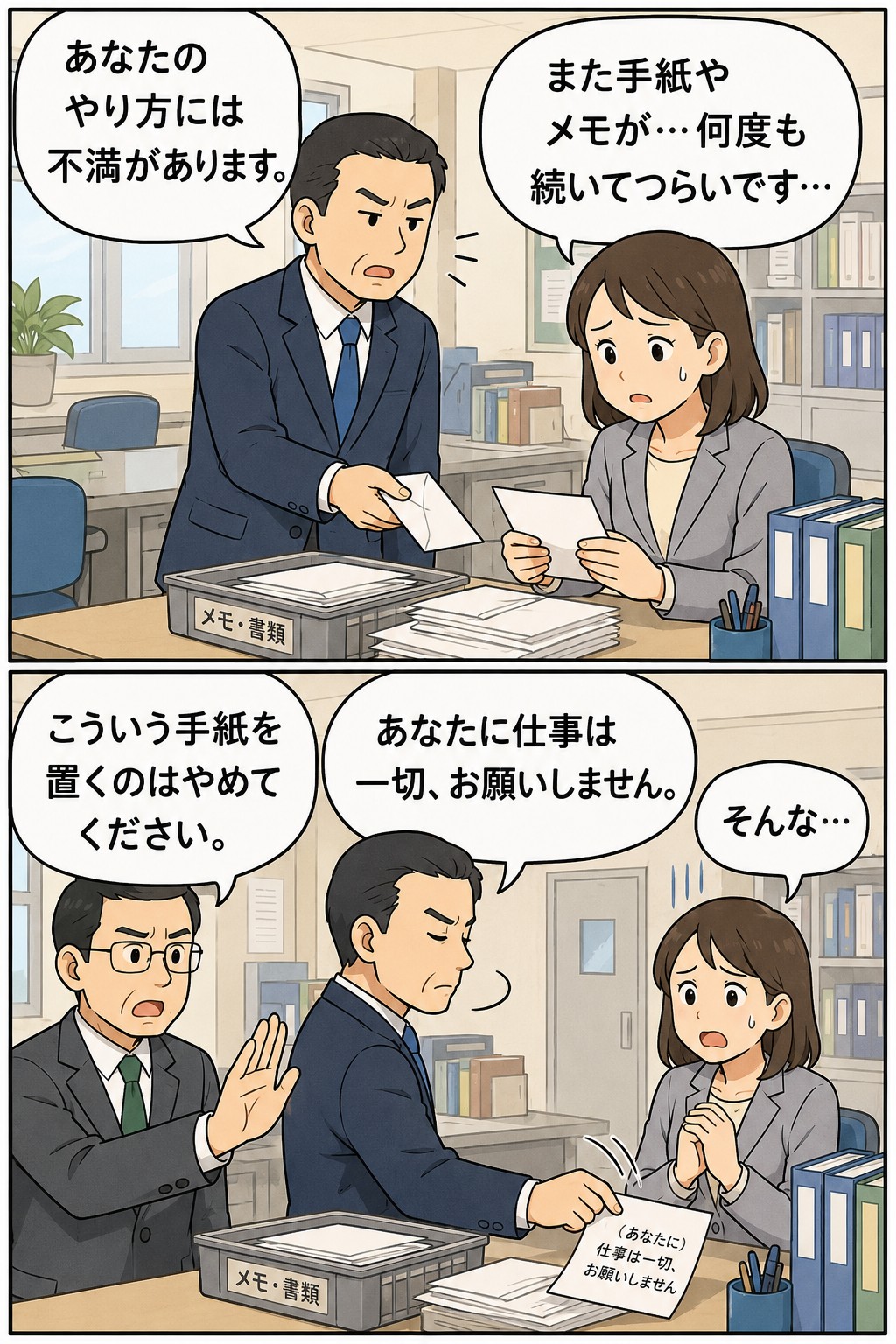宮城県立高校で女性教諭が男性主任教諭から手紙やメモによるパワハラを受け、校長が注意する場面を描いた漫画イラスト