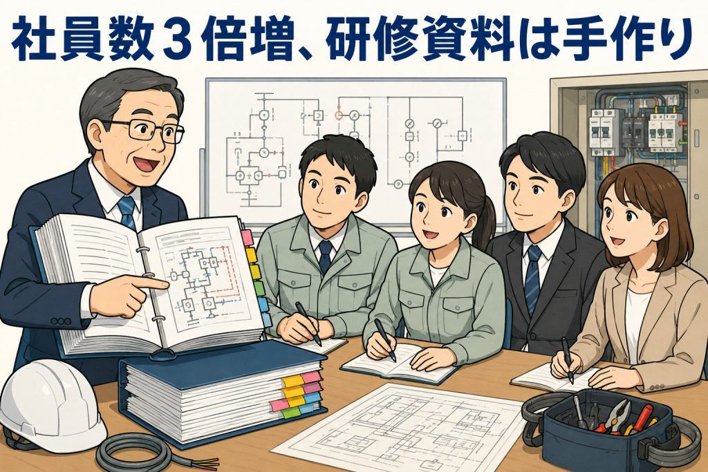 電気設備工事会社の社内研修で、社長が手作りの研修資料を使い、新入社員に現場監督の基本を教えている様子