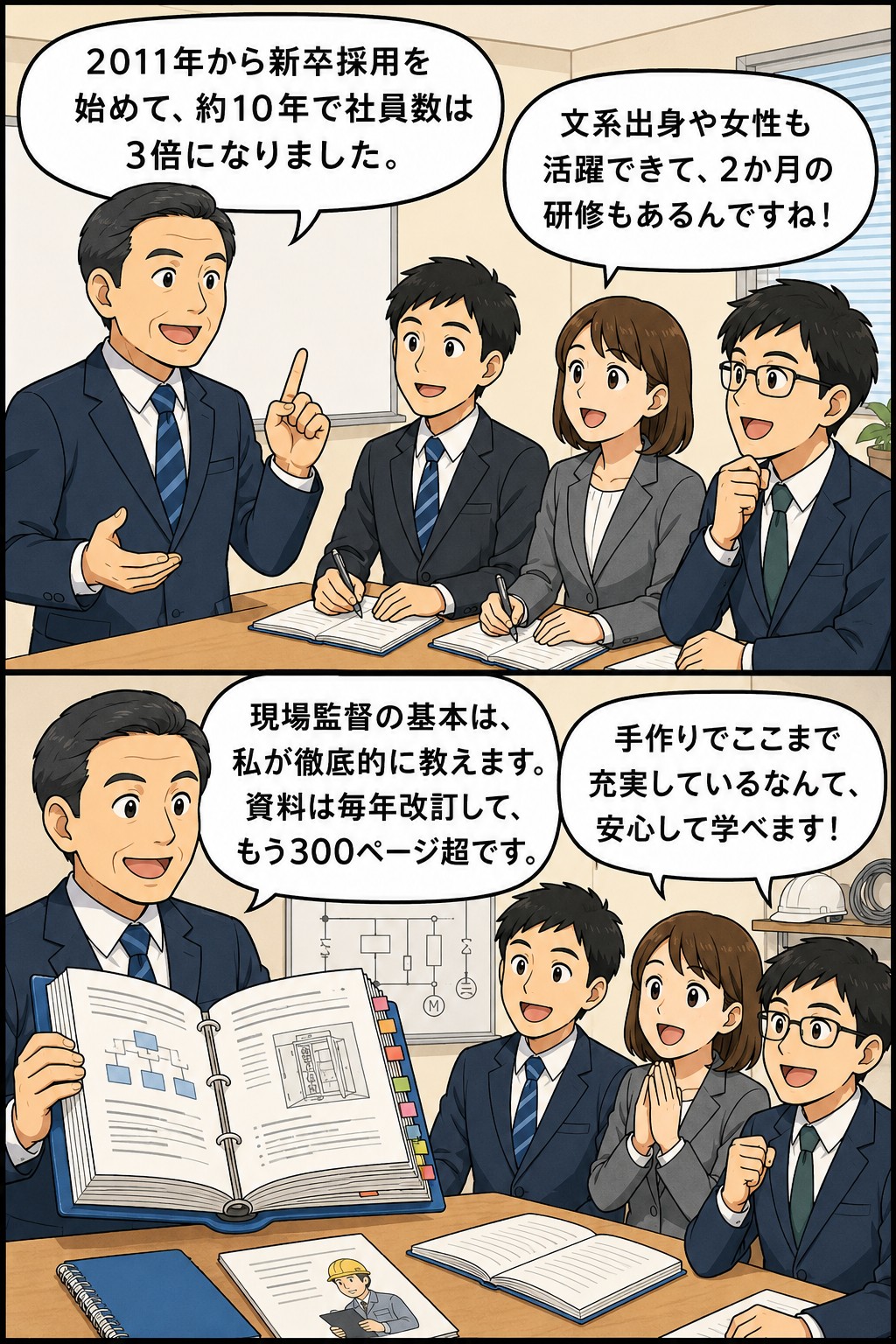 電気設備工事会社の社内研修を紹介する漫画で、社長が新卒社員に採用拡大や2か月研修、300ページ超の手作り資料について説明している様子