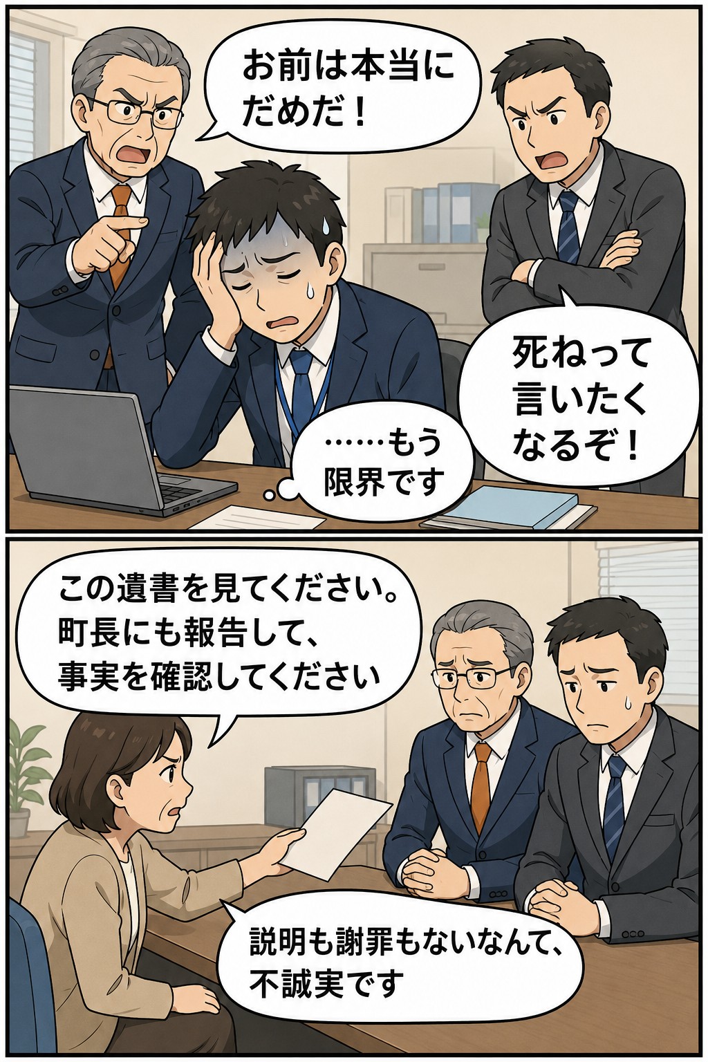 福岡県の町職員が町長や上司からパワハラ発言を受け、自殺未遂後に母親が遺書を示して事実確認を求める漫画風イラスト