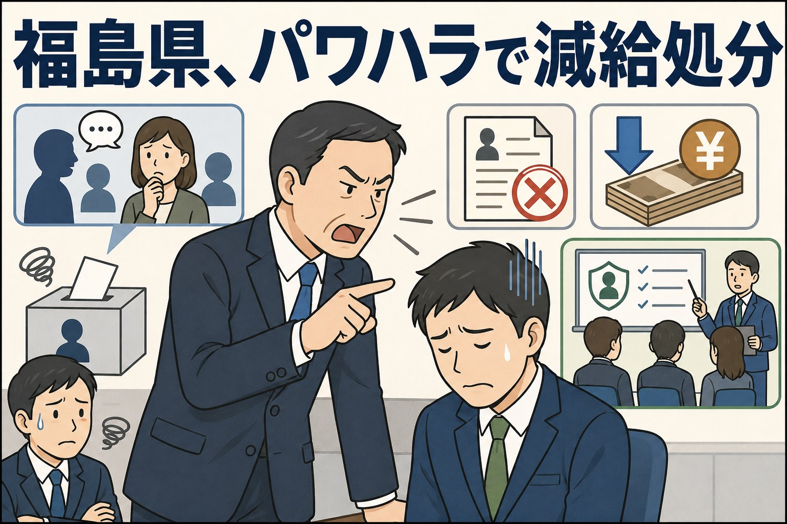 福島県の市で課長級男性職員が部下へのパワハラにより減給処分を受け、再発防止としてハラスメント研修が行われることを示すイラスト